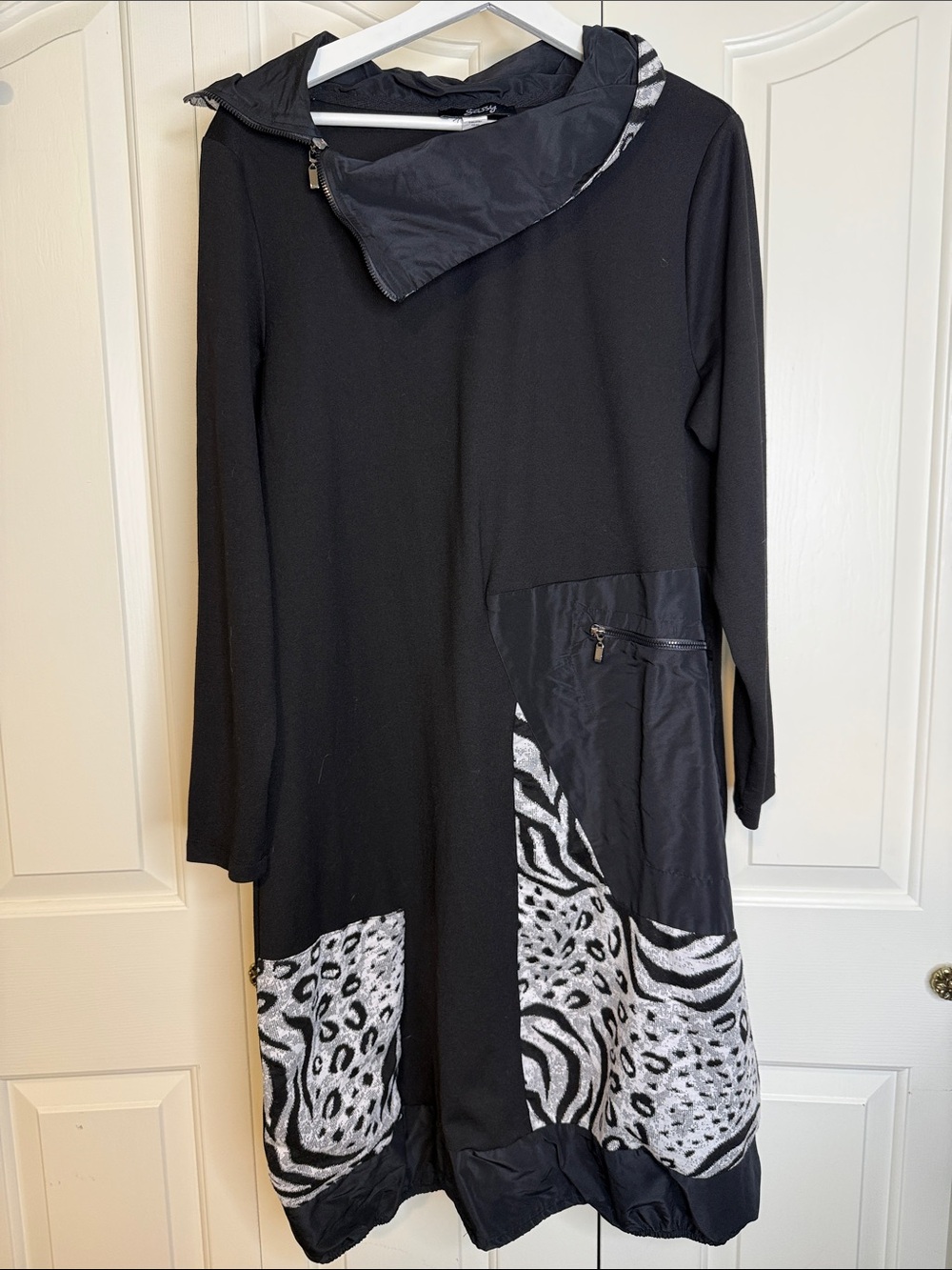 Black Women's Long Sleeve Dress with Zebra Print Panels